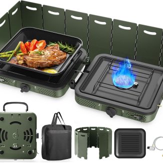 Camping Stove, 2 Burner Propane Stove With Grill,17,000 BTU Camp Stove, Foldable Camping Stove Propane Includes Carry Bag,Windscreen & Grill,Adjustable Burners & Piezo Ignition for Tailgating,BBQ,Camp